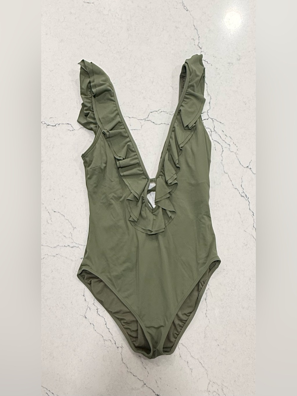Michael Kors Women's Olive Green Deep V Ruffle One Piece Swimsuit, Size 14, EUC